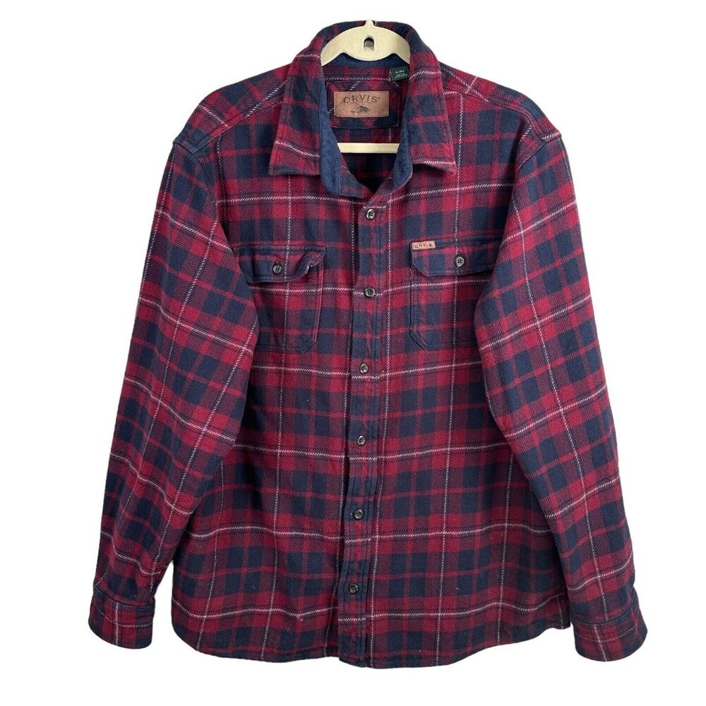 Orvis Shirt Mens XL Red Blue Plaid Overshirt Heavy Flannel Thick Shacket Pockets
